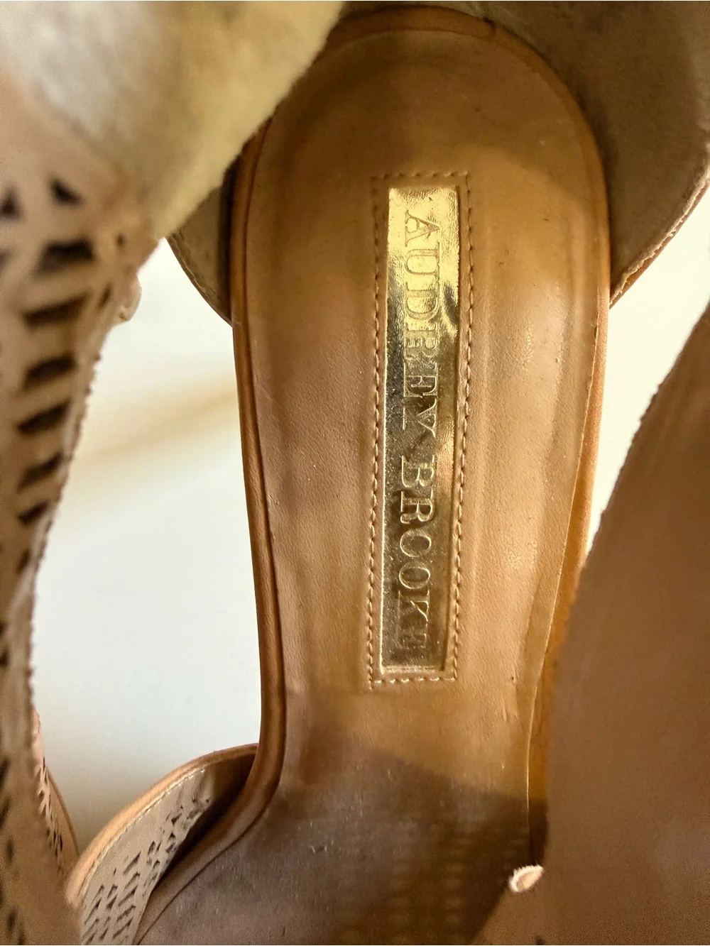 Audrey Brooke | Corrine Laser Cut Leather Heels | Peep Toe Bootie | 9.5